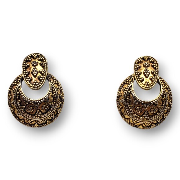 Antiqued Gold Brass Tone Hoop Pierced Earrings Boho Style - Picture 1 of 5